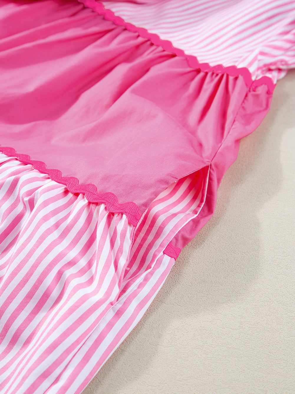 Pink Ricrac Stripe Block Puff Sleeve A-Line Shift Dress