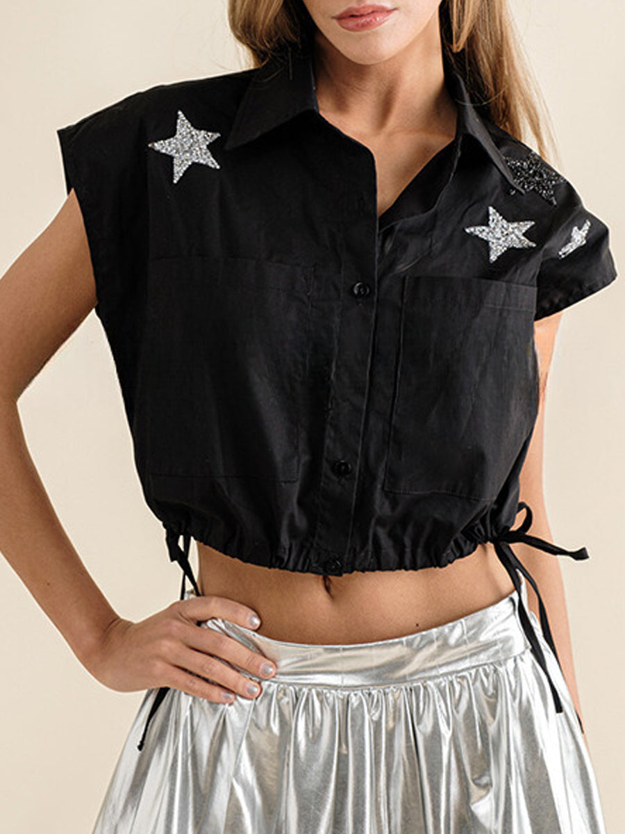 Blouses - Lapel Casual Stylish Loose Print Drawstring Blouse - MsDressly
