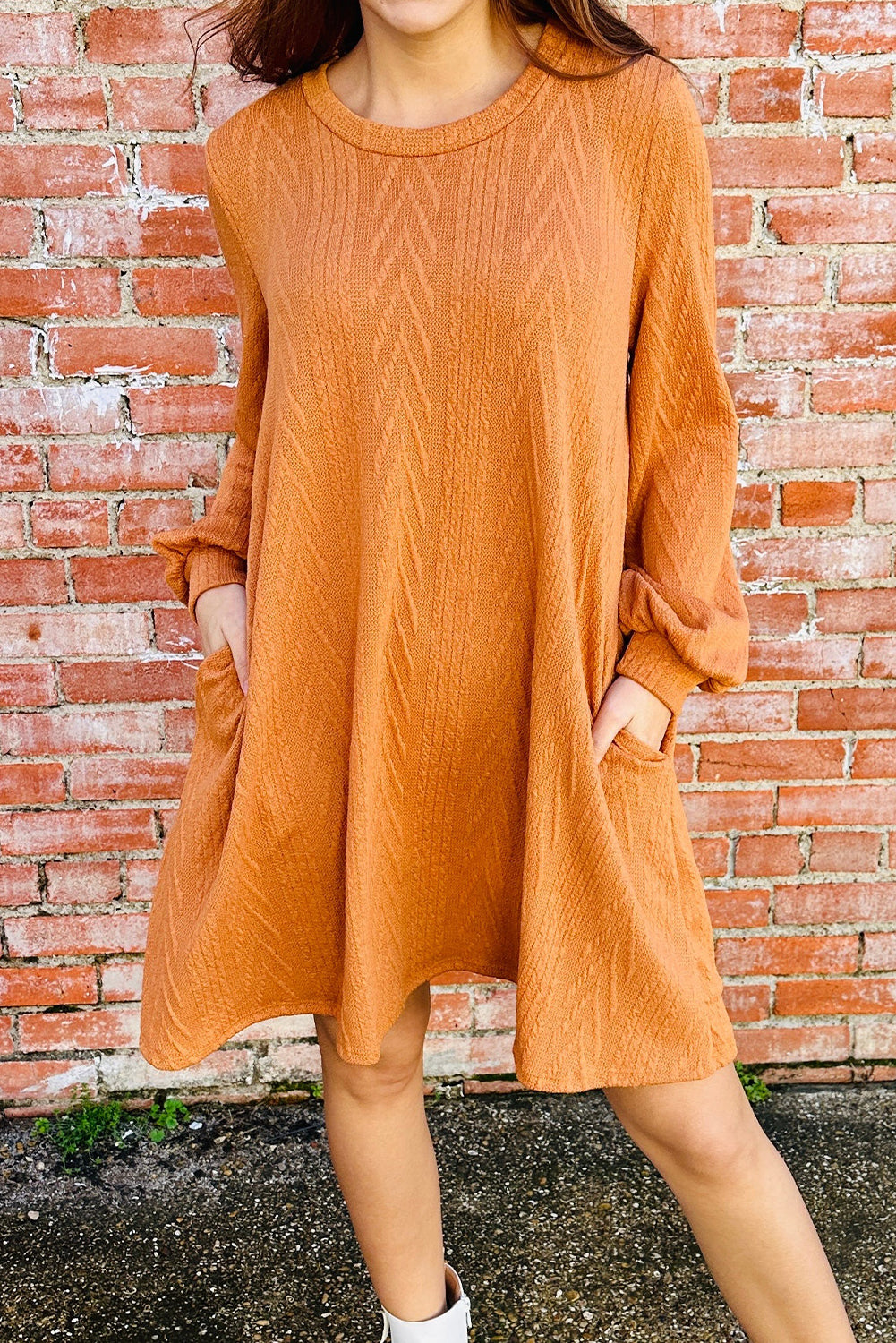 Vitality Orange Chic Textured Round Neck Long Sleeve Mini Dress