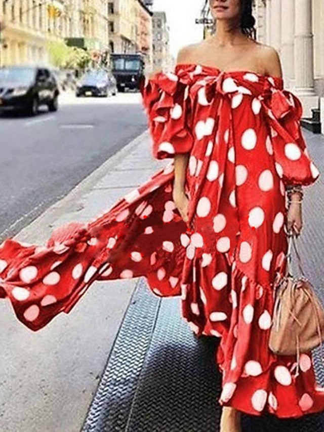 Women's Dress - Casual Dress Swing Dress Long Dress Maxi Dress Black Red Brown Sleeveless Polka Dot Print Fall Autumn Off Shoulder Loose Fit 2023 S M L XL XXL XXXL 4XL 5XL