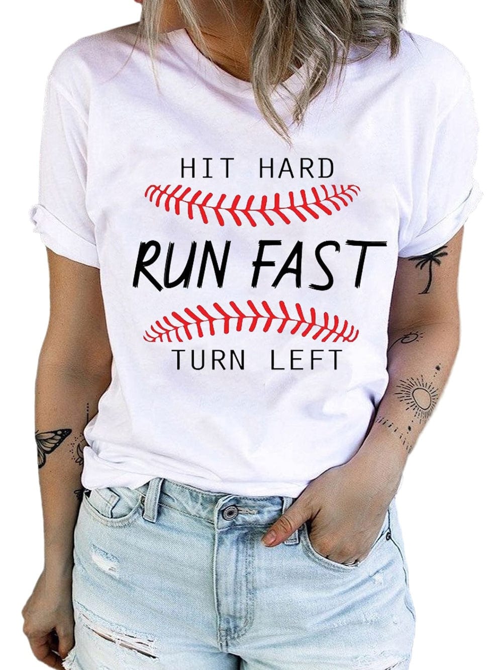 Baseball Print White Tee with "Hit Hard Run Fast Turn Left" Design