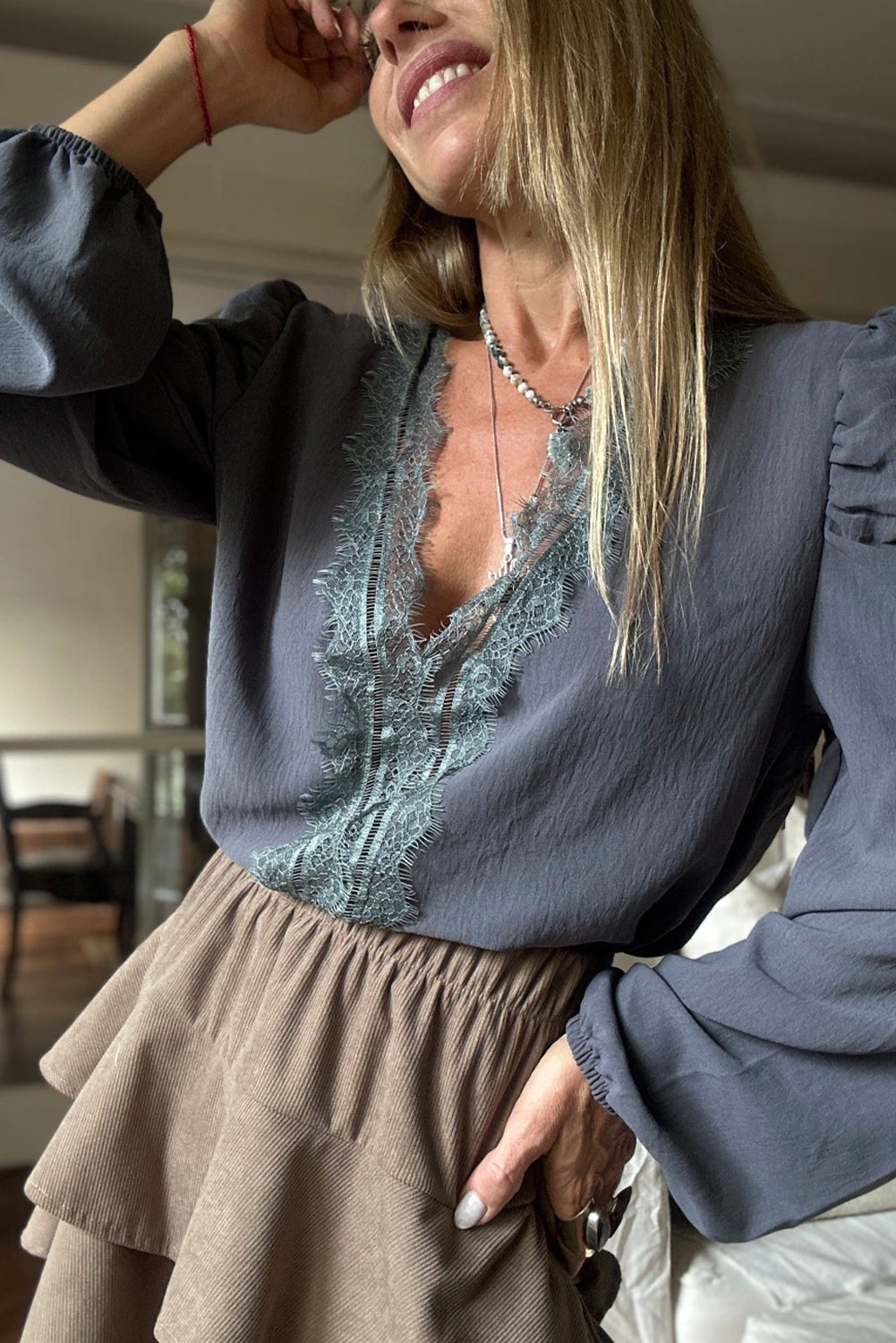 Wild Wind Eyelash Patched V Neckline Puff Sleeve Blouse