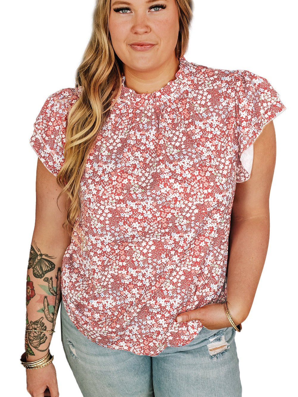 Pink Plus Size Floral Print Ruffled Sleeve Frilled Neck Blouse