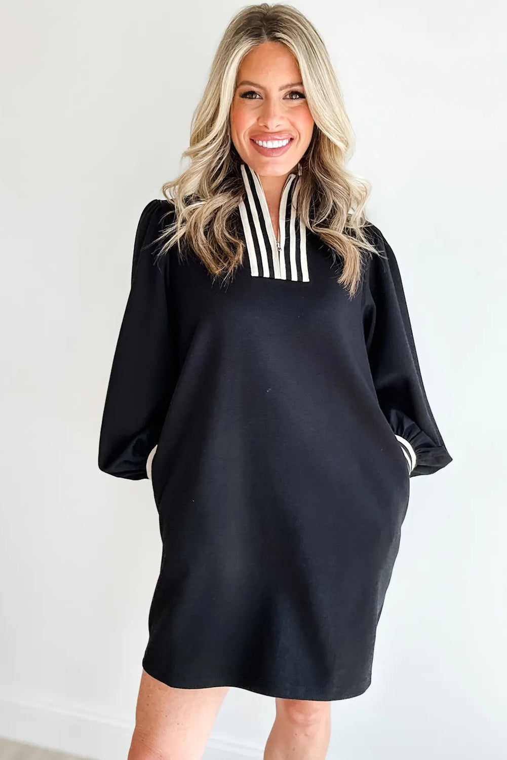Black Striped Patchwork Zip Neck Long Sleeve Shift Mini Dress