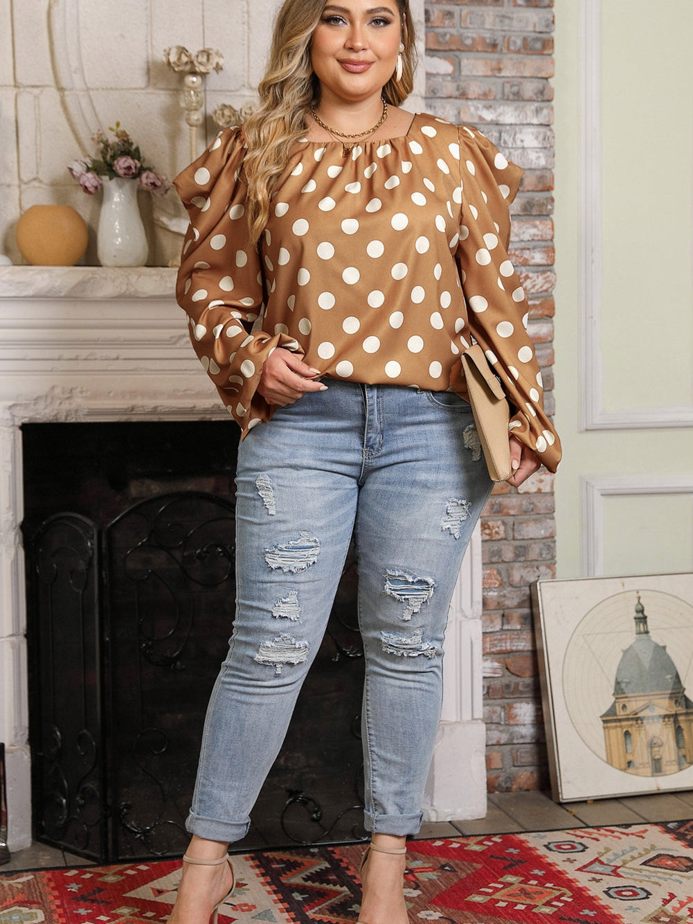 Khaki Polka Dot Ruched Neckline Puff Sleeve Blouse for Curvy Fashionistas