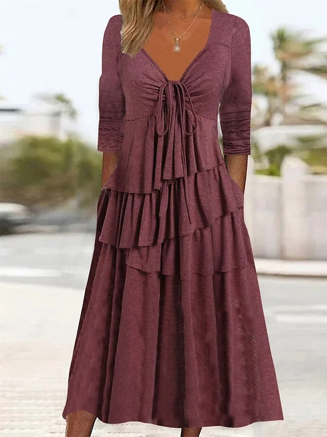 Women's Dress - Casual Dress Summer Dress Loose Dress Plain Ruched Twist V Neck Midi Dress Fashion Basic Outdoor Daily Long Sleeve Loose Fit Light Green Pink Wine Summer Spring S M L XL XXL