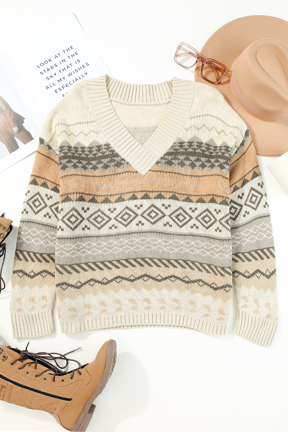 Khaki Aztec Print V Neck Sweater with Ribbed Texture