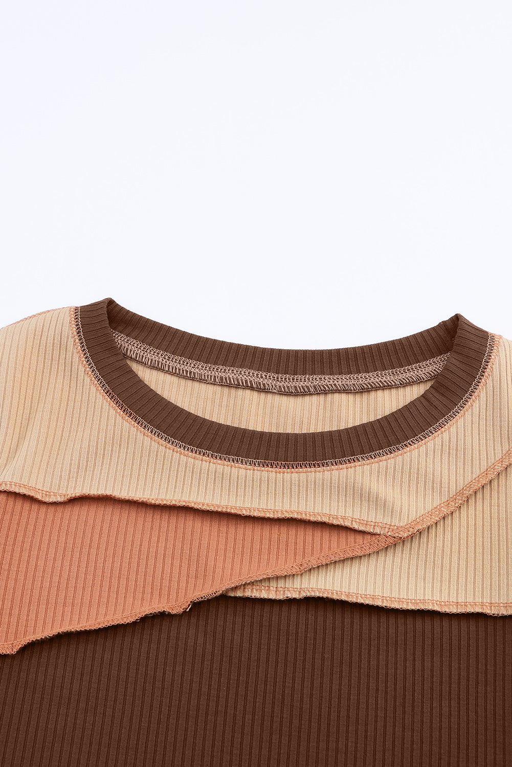 Knit Top with Exposed Seam Detail in Brown Color Block