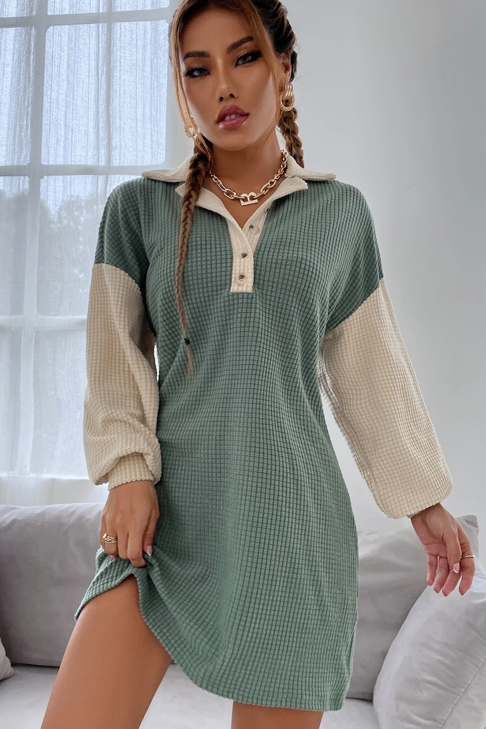 Green Bay Lattice Textured Color Block Patchwork Long Sleeve Button Collared Mini Dress
