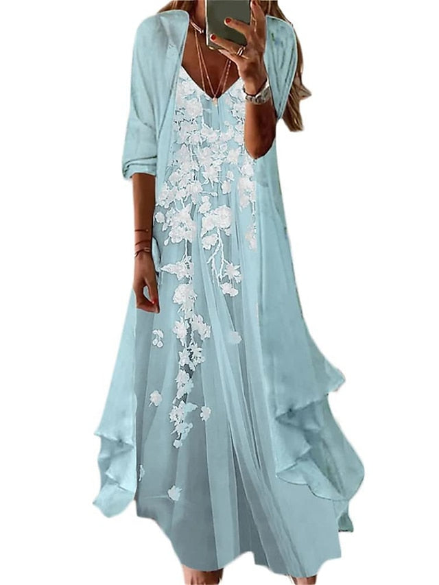 Women's Dress - Casual Dress Dress Set Two Piece Dress Long Dress Maxi Dress Light Green Pink Purple Long Sleeve Flower Print Summer Spring V Neck Fashion Loose Fit 2023 S M L XL XXL 3XL