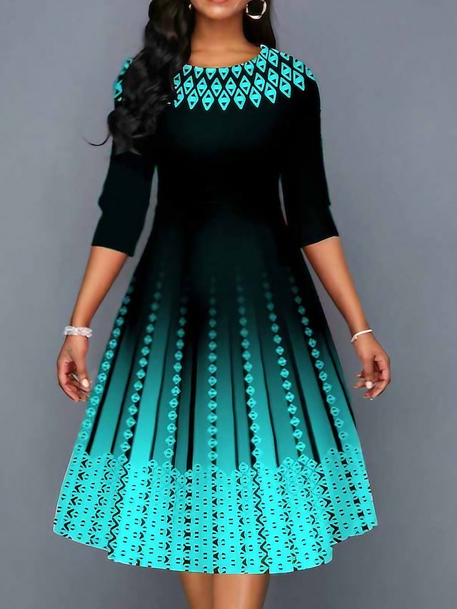 Women's Dress - Work Dress Swing Dress Church Dress Midi Dress Red Royal Blue Blue 3/4 Length Sleeve Print Print Summer Spring Crew Neck Elegant 2023 S M L XL XXL 3XL 4XL 5XL