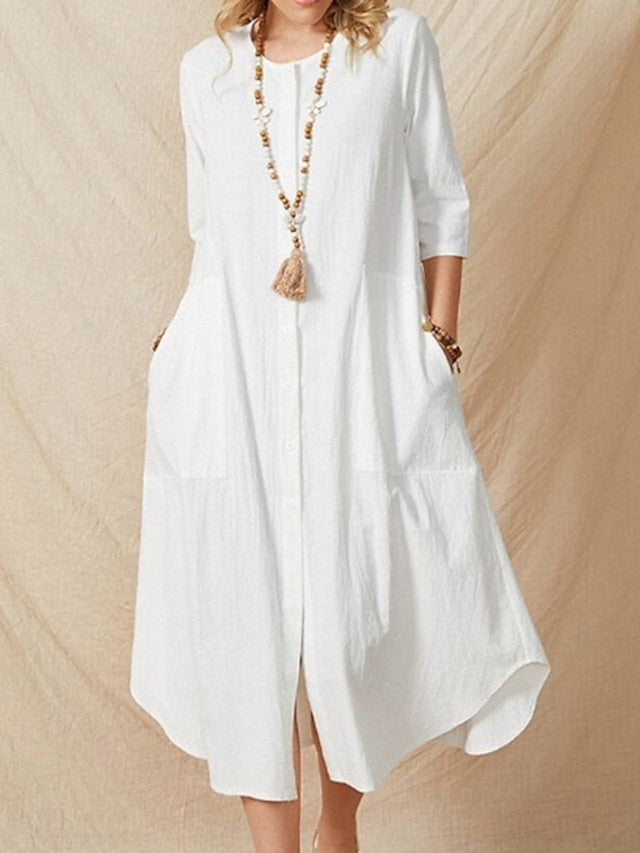 Women's Dress - Cotton Linen Dress Casual Dress Shift Dress Midi Dress White 3/4 Length Sleeve Pure Color Pocket Summer Spring Crew Neck Basic Vacation Loose Fit Retro S M L XL XXL 3XL
