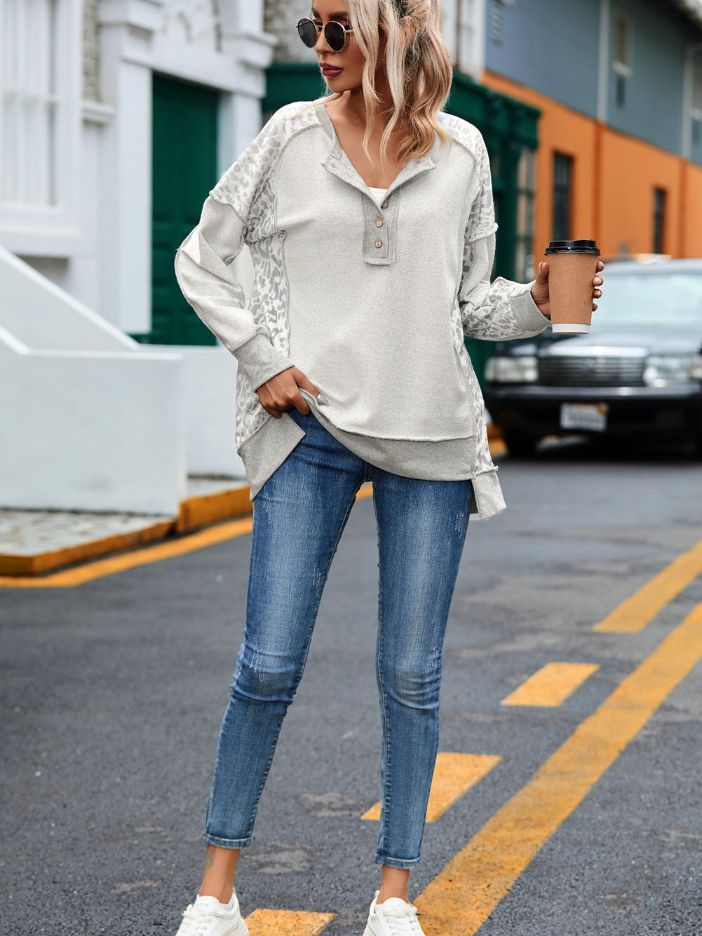 Leopard Patchwork Gray Buttoned Neck Pullover Sweatshirt
