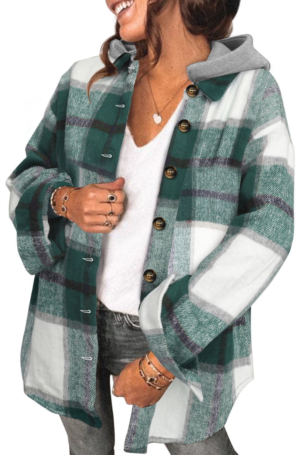 Green Plaid Hooded Button-Up Shacket