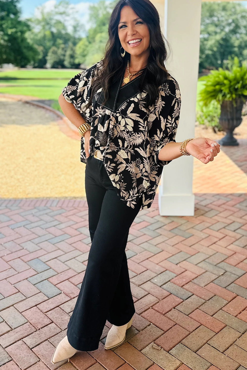 Black Botanical Leafy Print Color Block V Neck Half Sleeve Dolman Blouse