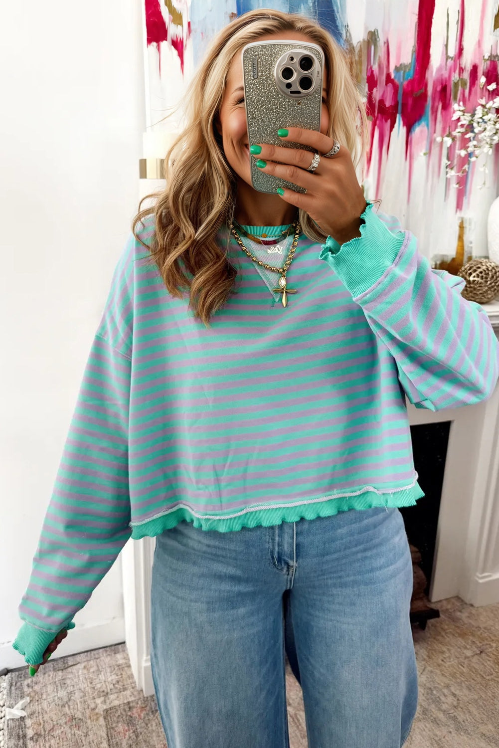 Green Stripe Exposed Seam Contrast Ribbed Trim Oversize Sweatshirt