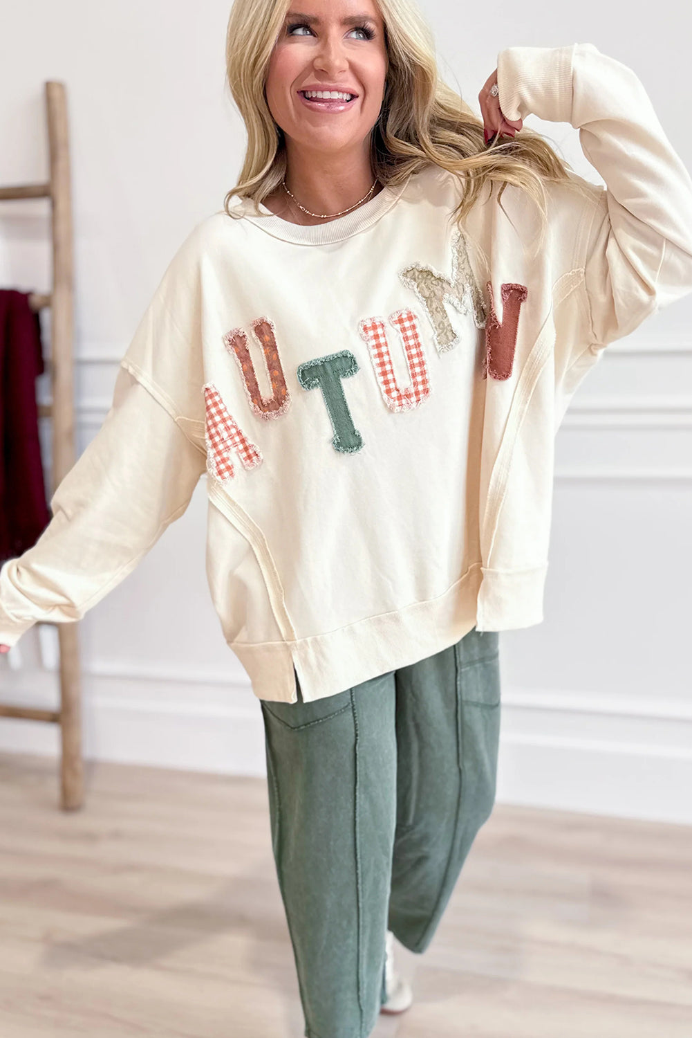 Beige AUTUMN Patched Letter Graphic Pullover Casual Sweatshirt
