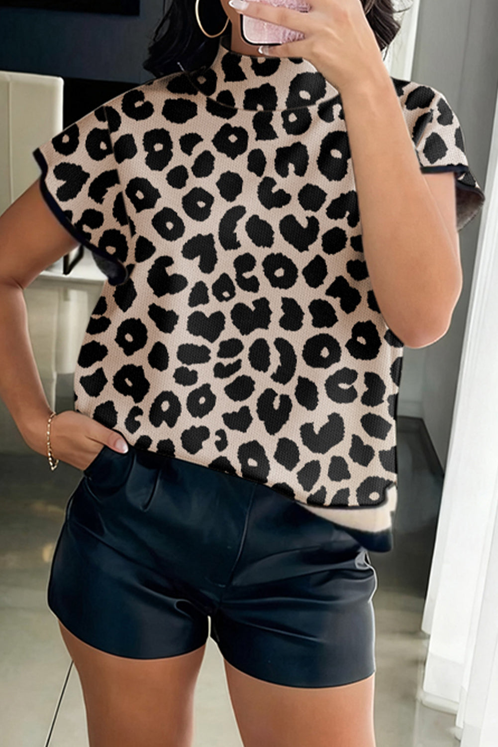 Black Leopard Print High Neck Short Sleeve Sweater