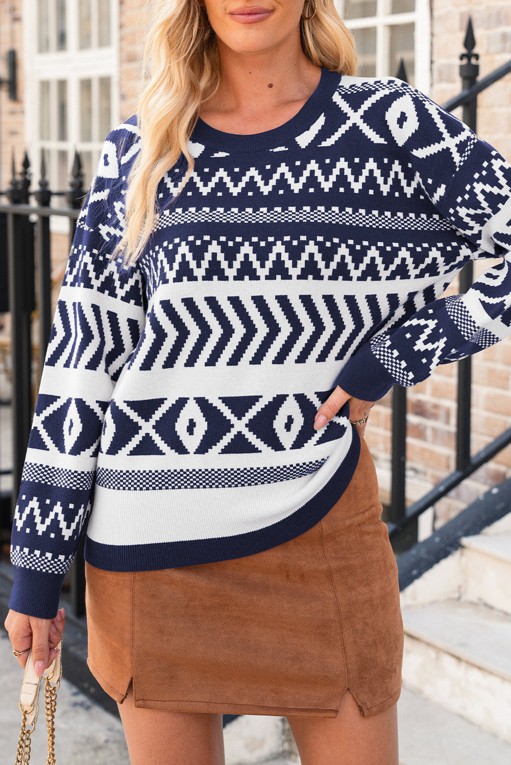 Navy Blue Abstract Print Pullover Sweater