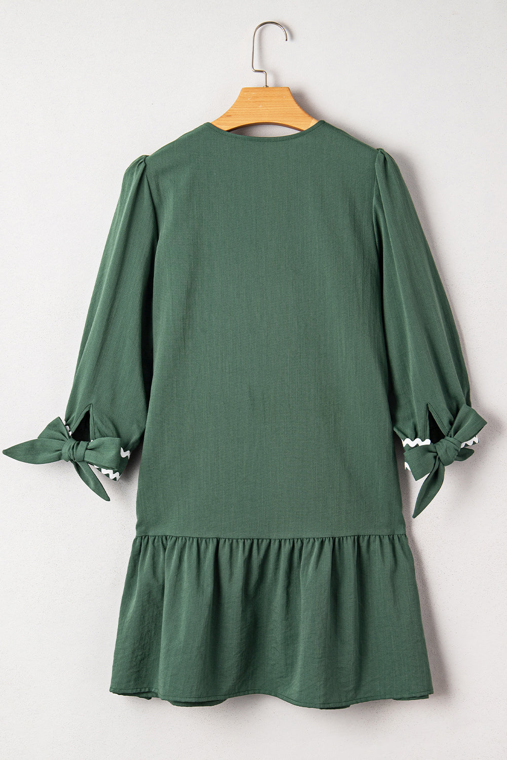 Canton Plus Knot 3/4 Sleeve Ricrac Trim V Neck Button Down Ruffle Hem Mini Dress