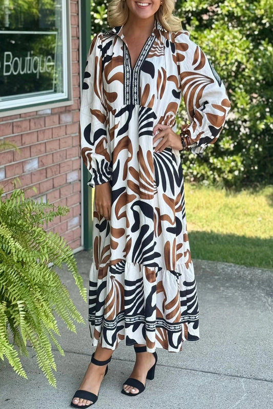 Brown Tropical Printed Contrast Trim Neck Long Sleeve Ruffle Hem Dress
