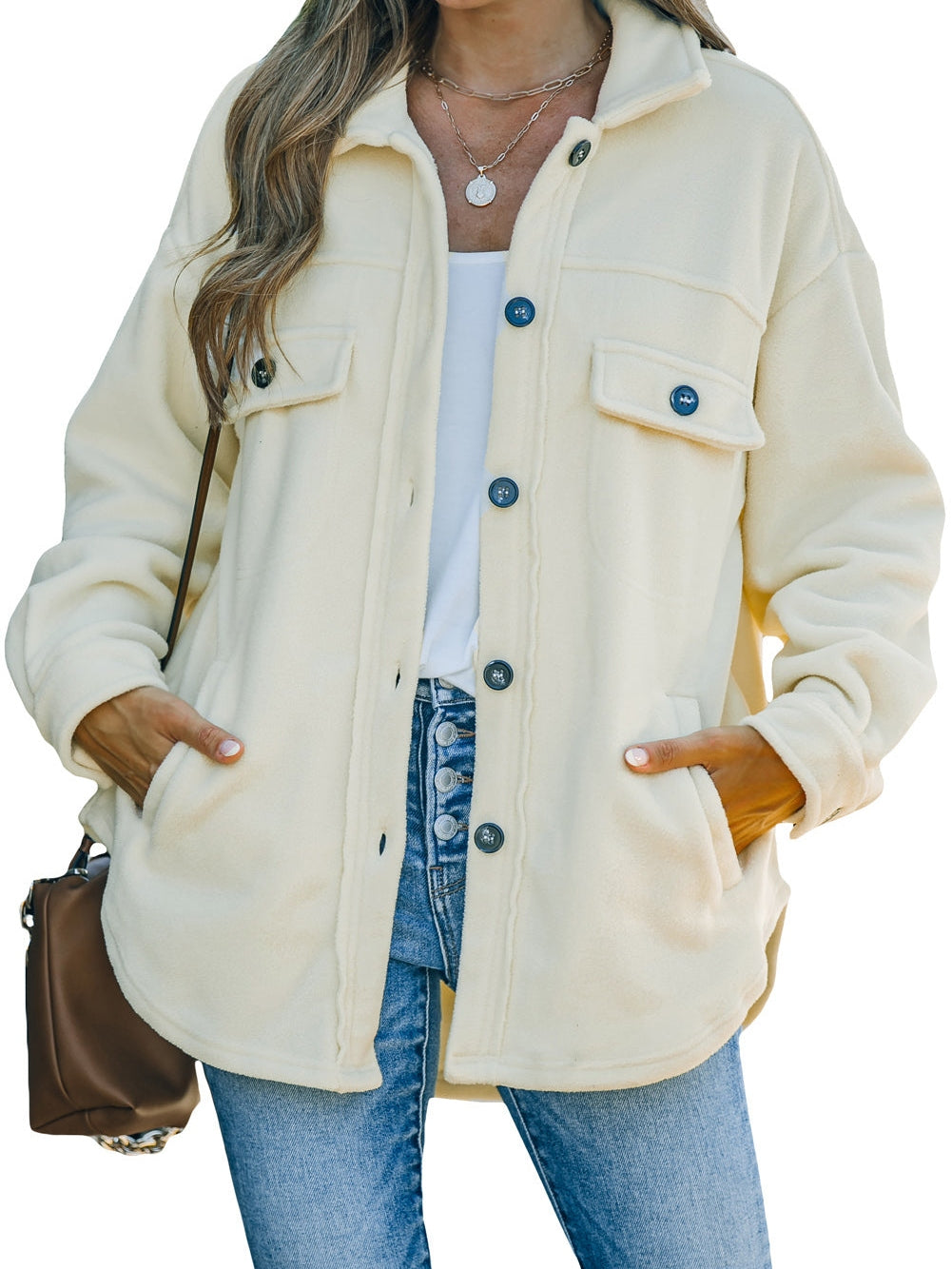Beige Collared Button-Up Shirt Jacket