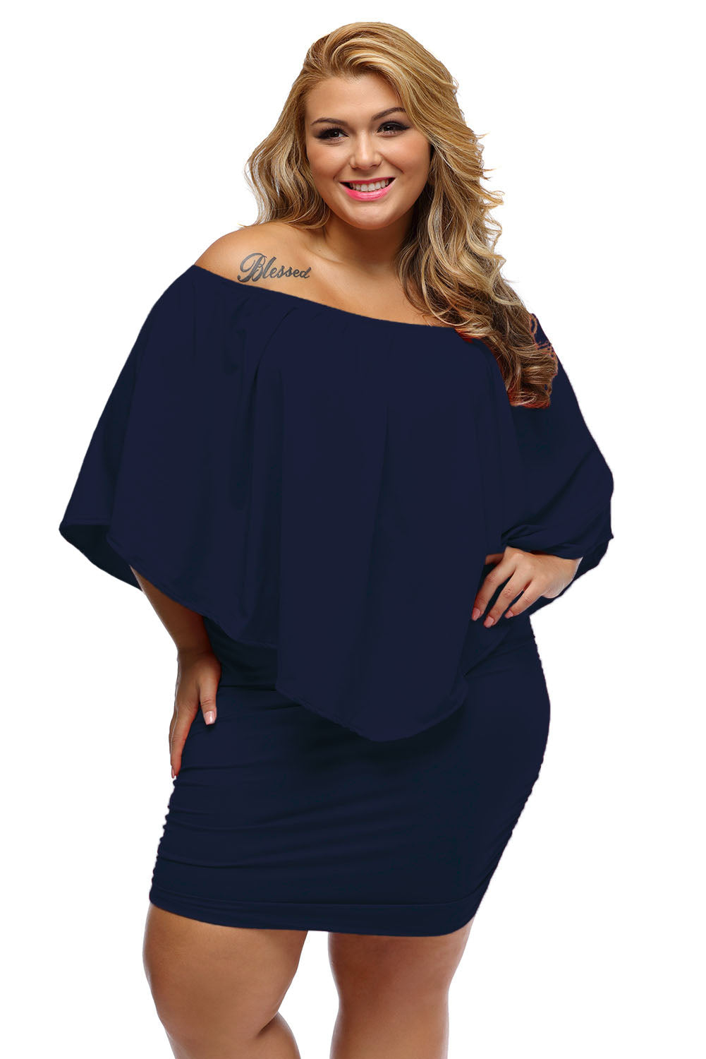 Layered Ruffle Top Plus Size Dark Blue Poncho Mini Dress