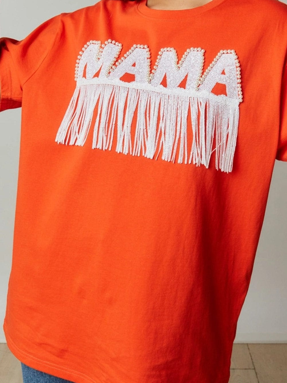 Beaded MAMA Graphic Orange Fringe Trim Oversized Tee