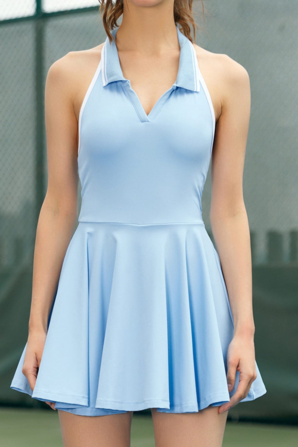 Beau Blue Colorblock Sleeveless Collared Halter Neck Backless Sports Dress