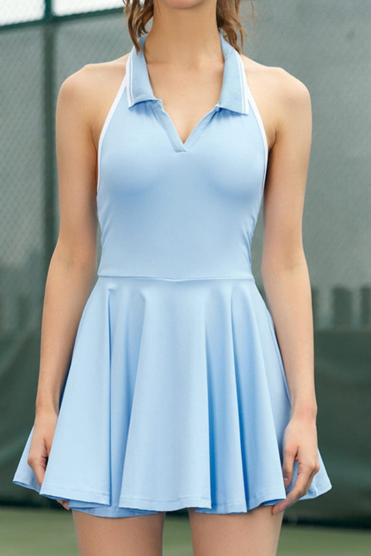 Beau Blue Colorblock Sleeveless Collared Halter Neck Backless Sports Dress