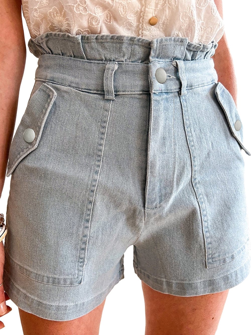 Beau Blue Feminine Ruffled Denim Shorts with Flap Pockets