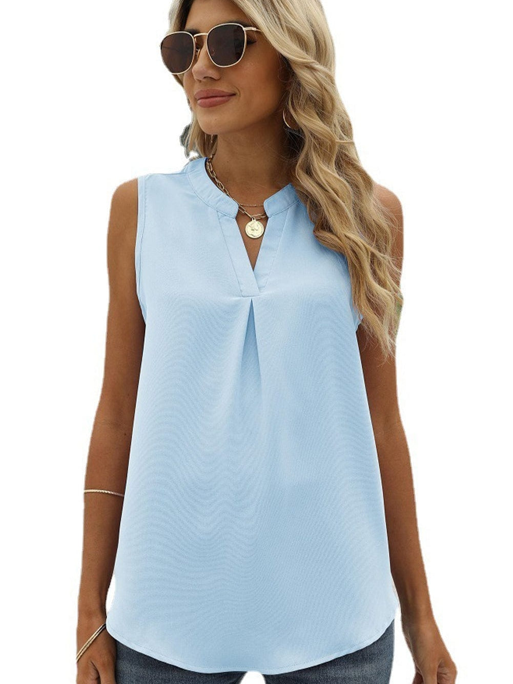 Beau Blue Split Neck Sleeveless Tank Top