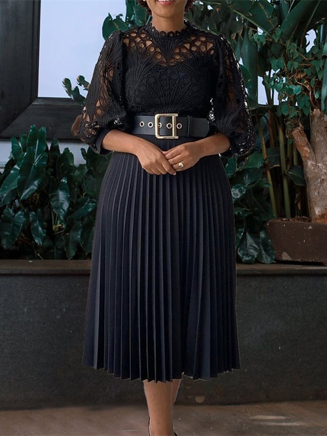 Women's Dress - Sheath Dress Church Dress Knee Length Dress Black White Pink Long Sleeve Pure Color Pleated Summer Spring Crew Neck Fashion Winter Dress Fall Dress 2023 S M L XL XXL 3XL 3XL