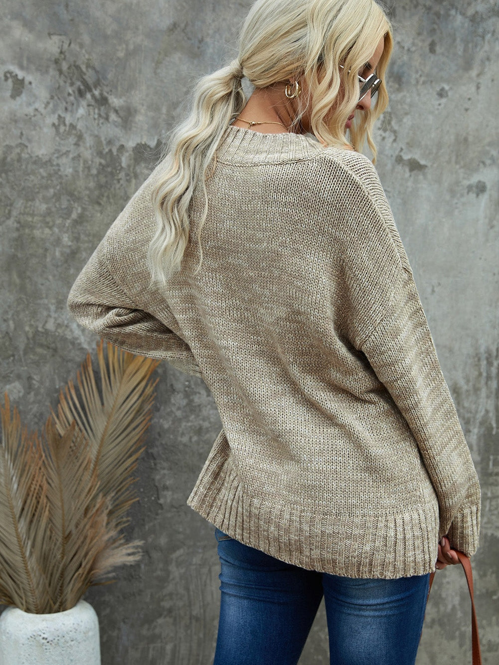 Khaki Drop Shoulder V-Neck Knit Pullover Sweater