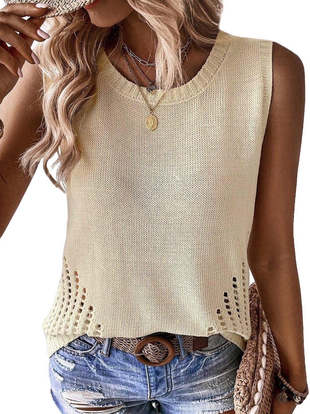Beige Pointelle Bottom Detail Knitted Sleeveless Sweater Tank Top