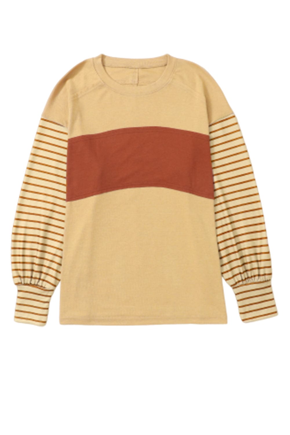 Beige Striped Bishop Sleeve Top with Colorblock Detail