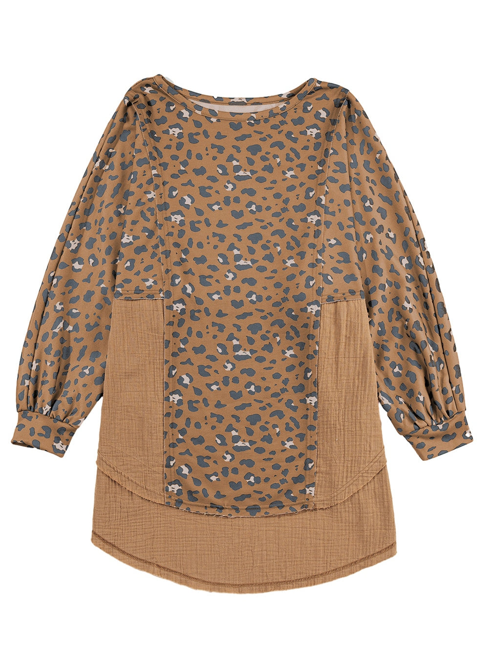 Leopard Patchwork Oversized Brown Blouse with Raw Hem