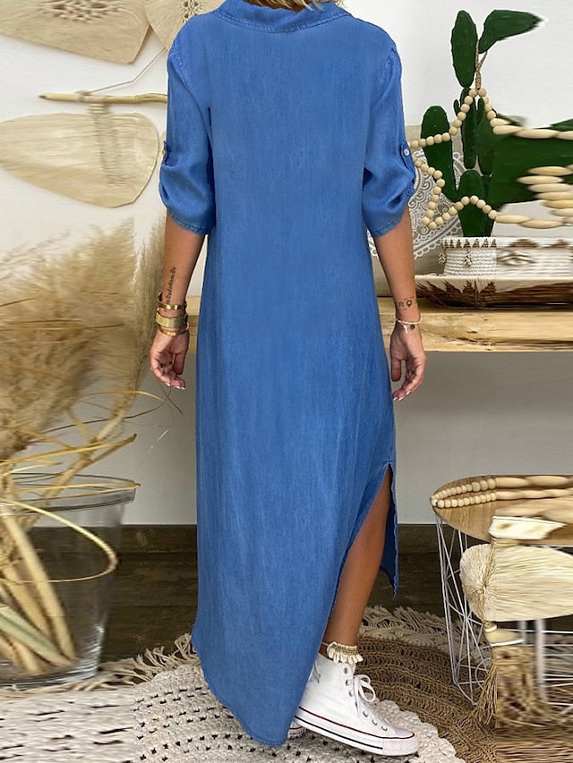 Women's Dress - Denim Dress Maxi long Dress Denim Stylish Casual Daily Holiday V Neck Split Half Sleeve Summer Spring 2022 Loose Fit Blue Pure Color M L XL XXL