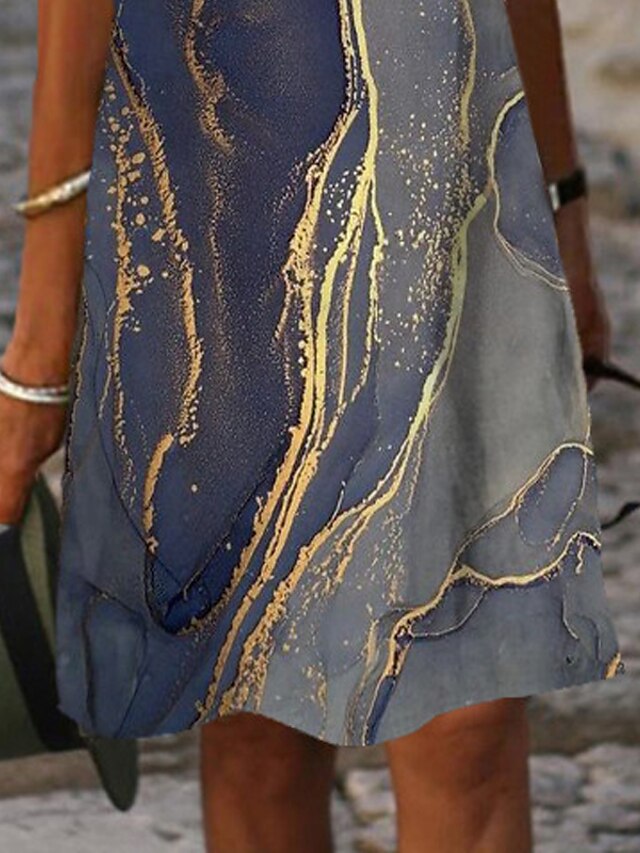 Women's Dress - Casual Dress Shift Dress Midi Dress Blue Short Sleeve Color Gradient Print Spring Summer V Neck Basic Daily Weekend Summer Dress Loose Fit 2023 S M L XL XXL 3XL