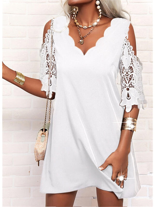 Women's Dress - Casual Dress Lace Dress Black Dress Mini Dress Black White Navy Blue Half Sleeve Pure Color Lace Summer Spring Scalloped Neck Stylish Vacation 2023 S M L XL XXL 3XL 4XL 5XL