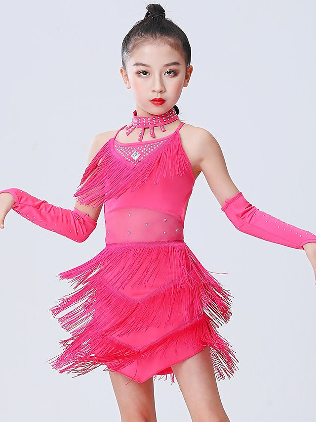 Latin Dance Dress Tassel Side Draping Ruching Girls' Performance Training Sleeveless Polyester - LuckyFash™