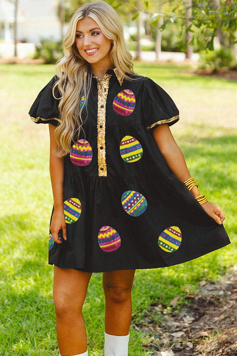 Black Sparkling Easter Egg Sequin Detail Mini Dress