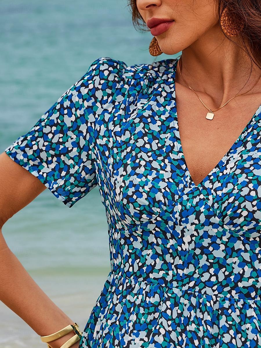 Women's Chiffon A Line Dress Ditsy Floral Tiered V Neck Maxi Dress Hawaiian Stylish Vacation Short Sleeve Summer