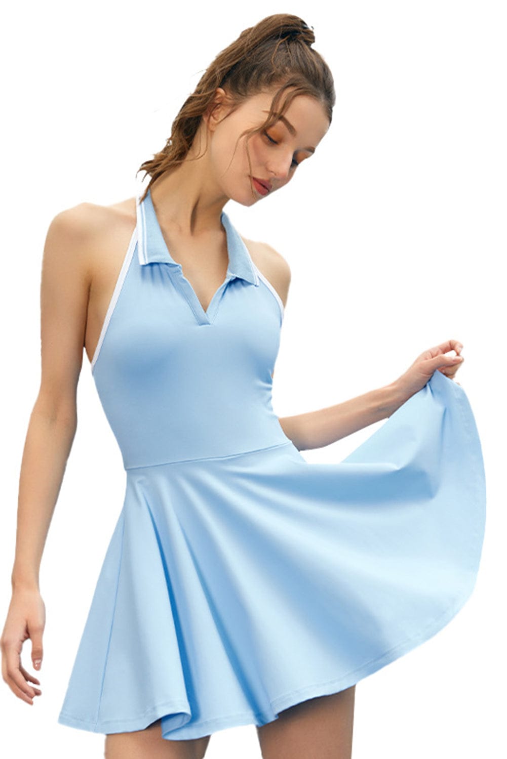 Blue Colorblock Halter Neck Backless Sports Dress with Collared Detail