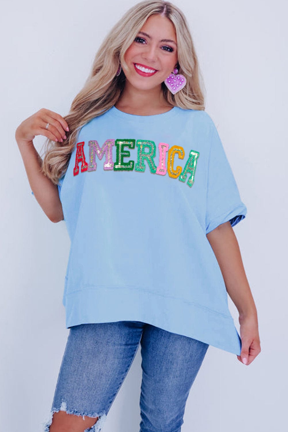 Blue Pastel America Sparkle Embroidered Graphic Tee