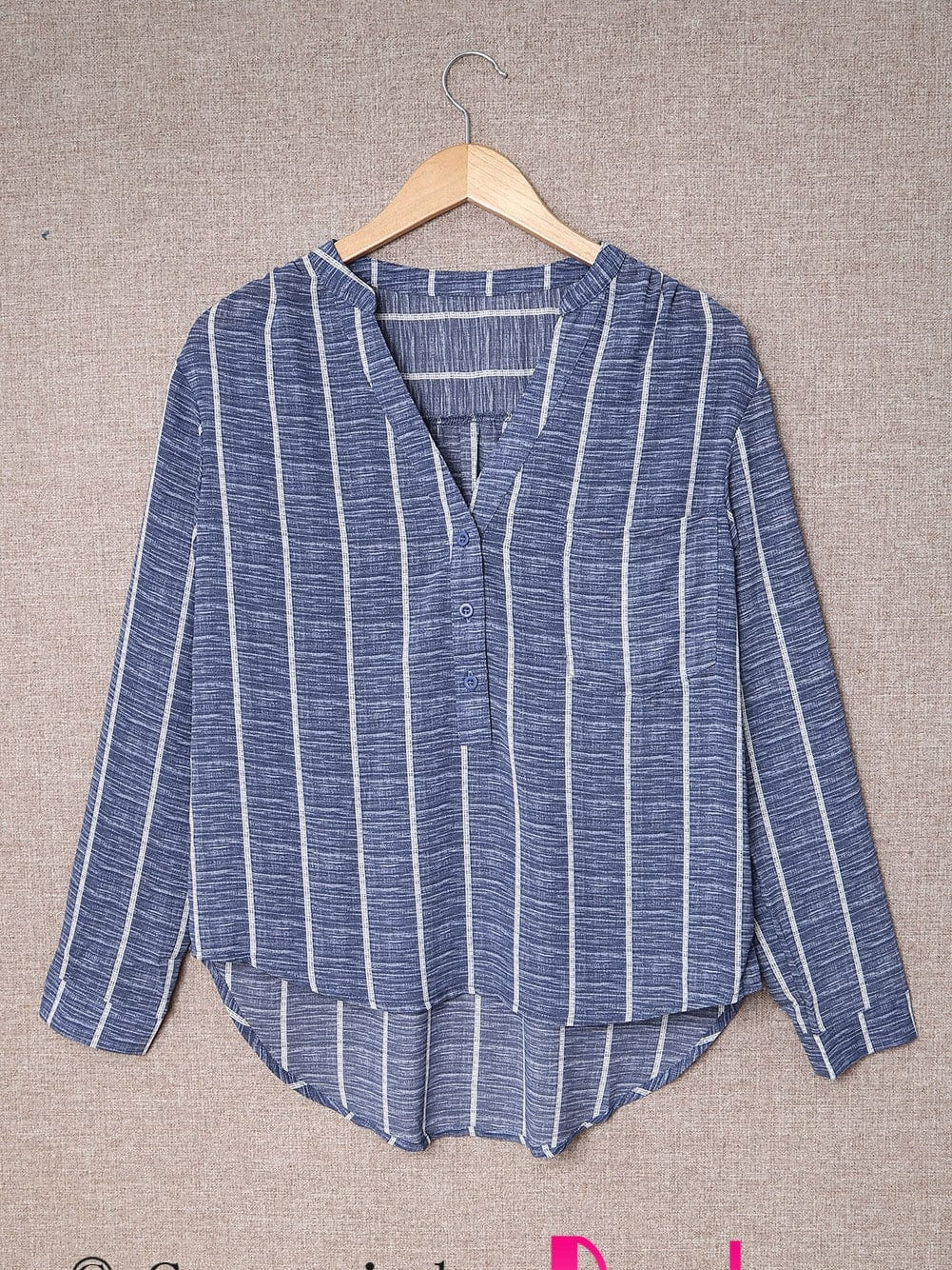 Blue V Neck Striped Long Sleeve Top with Pocket