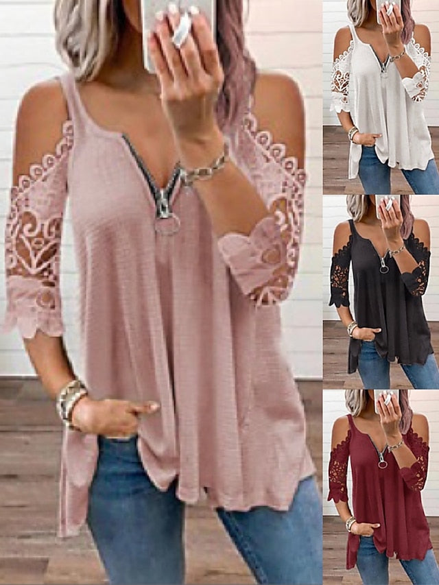 Women's Blouse Lace Zipper Solid Color Lace Basic Standard Summer Black White Pink Red - LuckyFash™