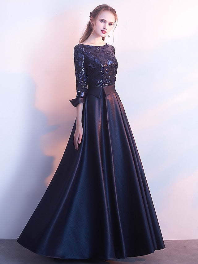 Women's Dress - Party Dress Sequin Dress Swing Dress Maxi long Dress Silver Champagne Dark Blue 3/4 Length Sleeve Color Block Sequins Winter Fall Spring Crew Neck Fashion Party Evening Party Wedding Guest