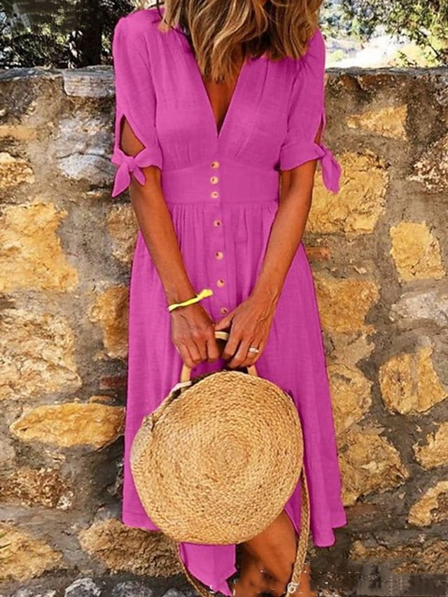 Women's Dress - Shirt Dress Sundress A Line Dress Maxi long Dress Outdoor Daily Holiday Polyester Vacation Hot V Neck Ruched Patchwork Short Sleeve Summer Spring 2023 Regular Fit Yellow Purple Orange Pure