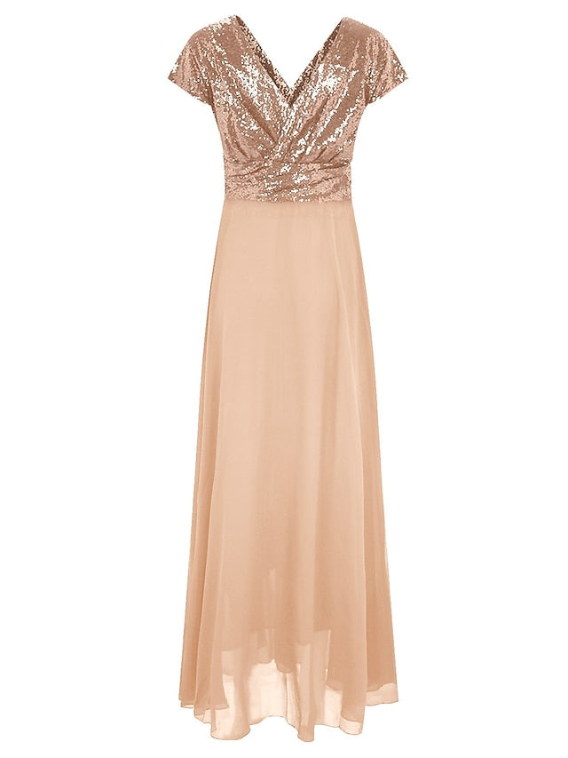 Women's Dress - Swing Dress Maxi long Dress Party Dress Light Blue Short Sleeve Pure Color V Neck Sequins Chiffon Evening Dress Ruched Patchwork Spring Summer Personalized Stylish Elegant Luxurious